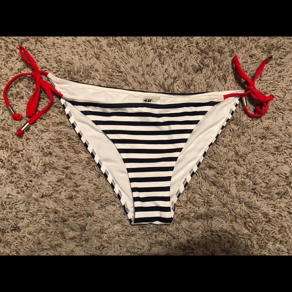 Navy and white striped bikini bottom with red ties
